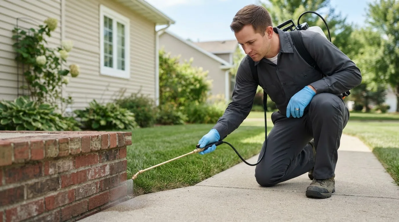 Pest control technician treating a home near Bethel, VT